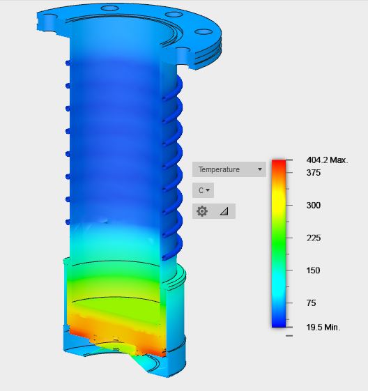 Edwards EO4 High Vacuum Diffusion Pump Thermal Modeling - DC 705 oil, Water Cooling, Internal View, Thermal Gradient Legend