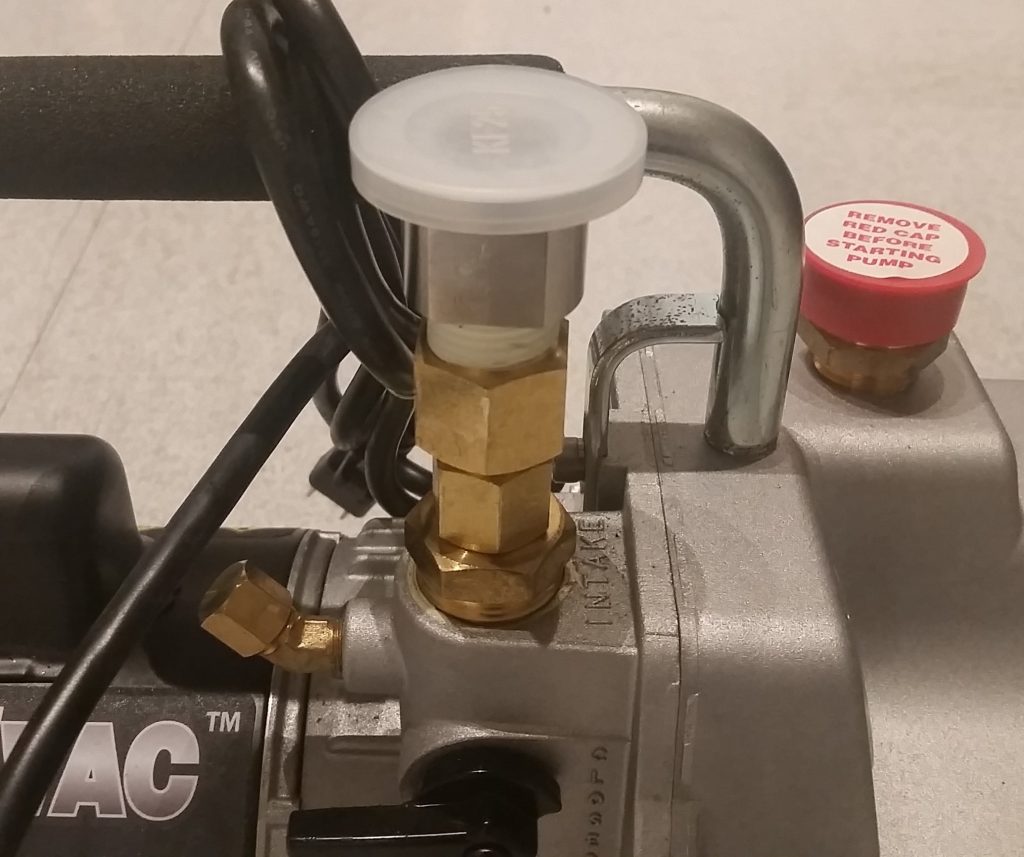 SuperEvac Backing Pump Close-up - Brass Fittings and Adapters to KF25 - Resized