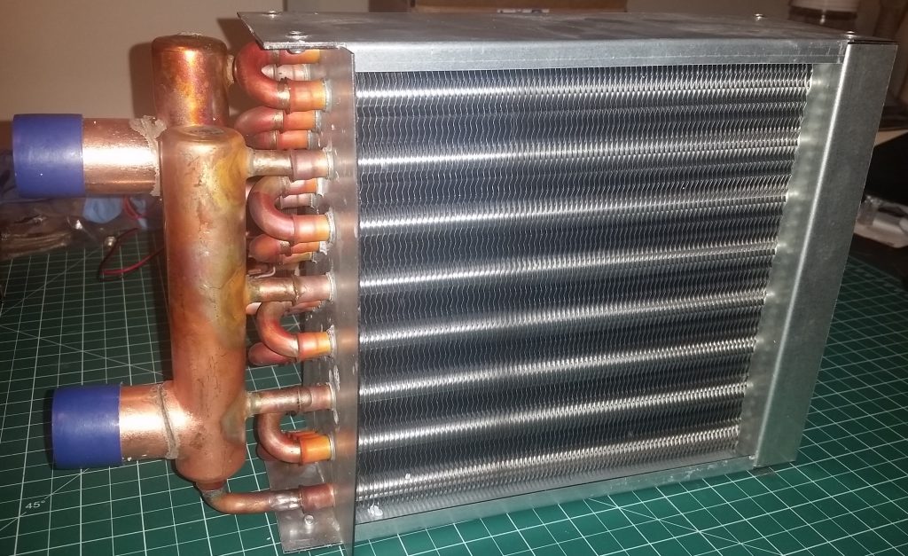 7kW Copper Radiator for the primary loop heat exchanger of the closed loop diffusion pump chiller.